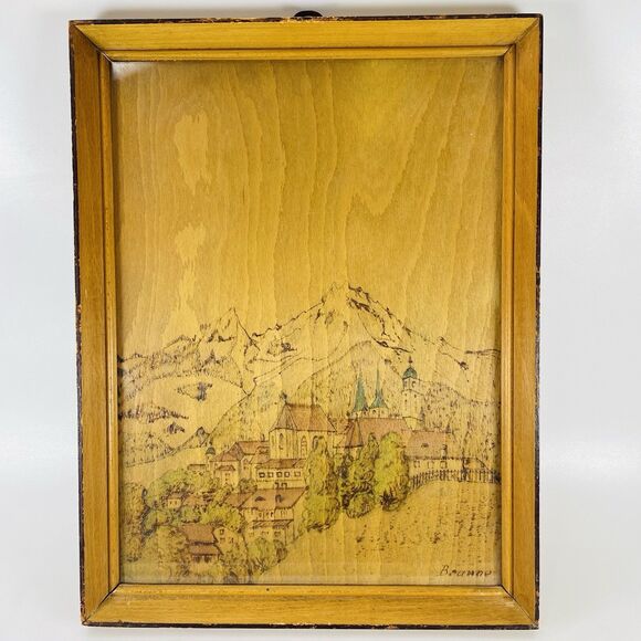 VTG Folk Art Colored Pyrography Signed Braune Mountain Scene 13x10 Wood Burning - Picture 1 of 6